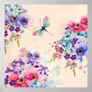 Aquarellblume Schmetterlingsgarten Glitzer Poster