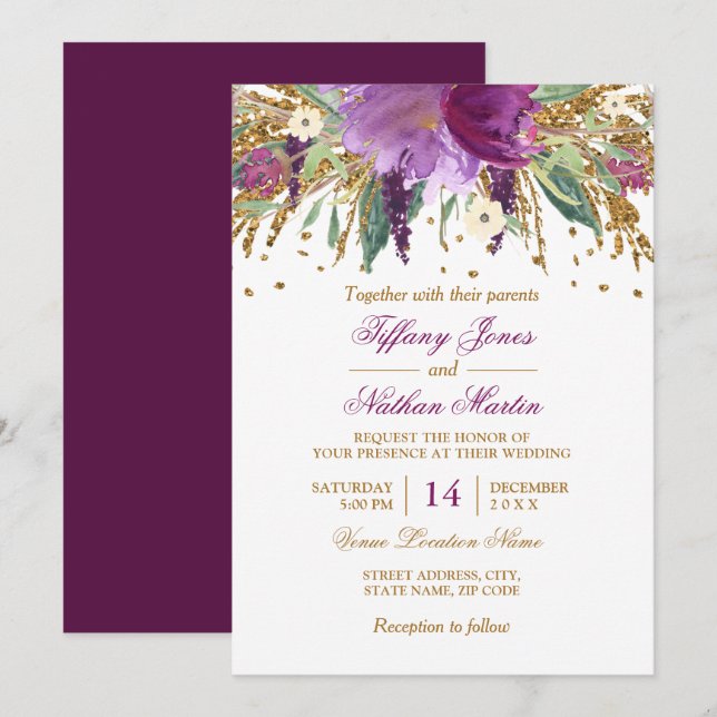 Aquarellblume Sparkling Amethyst Wedding Einladung (Vorne/Hinten)