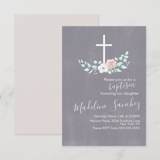 Aquarellblume Taufe Cross Baby Dedication Einladung (Vorne/Hinten)