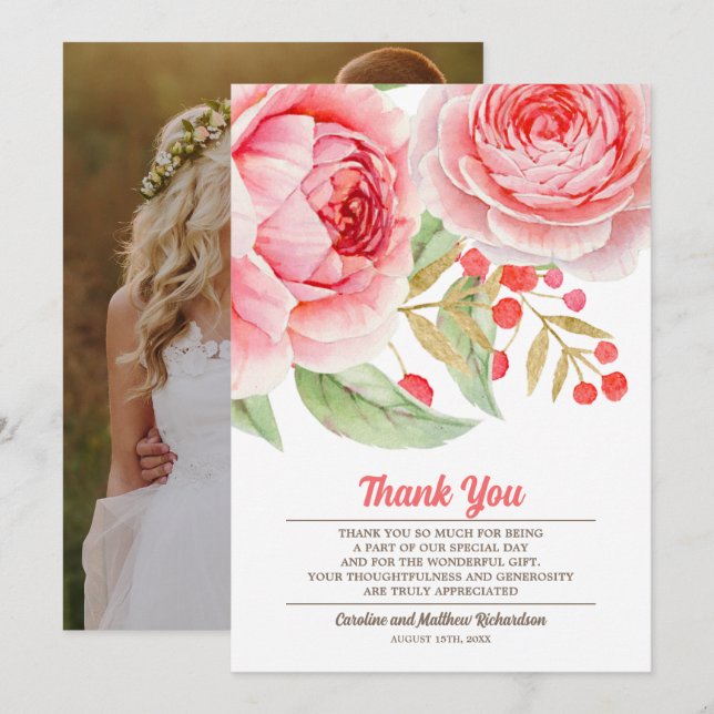 Aquarellblume Vielen Dank für Ihre Hochzeit Foto-K Dankeskarte (Vorne/Hinten)