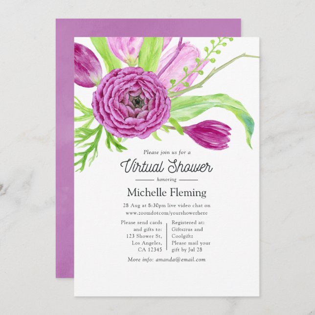 Aquarellblume Virtual Baby Dusche Einladung (Vorne/Hinten)