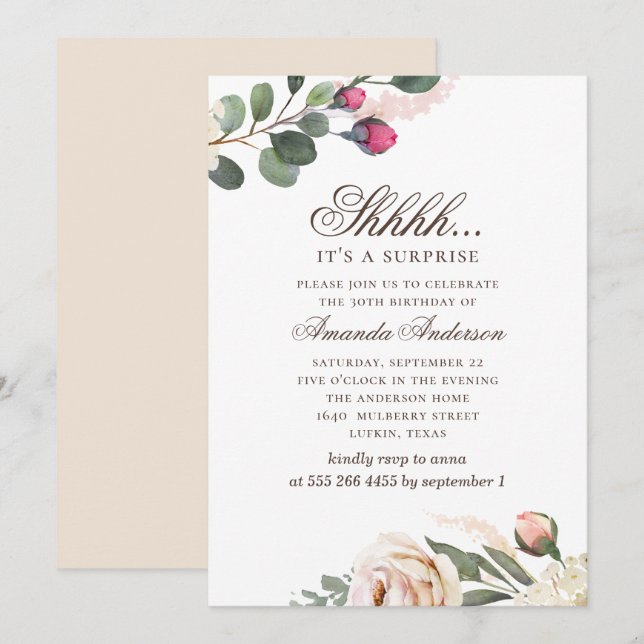 Aquarellblumen 30. Geburtstags-Überraschungs-Party Einladung (Vorne/Hinten)