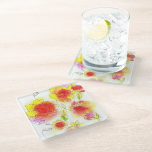 Aquarellblumen abstrakt, rot und gelb glasuntersetzer