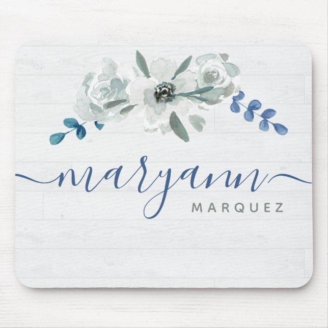 Aquarellblumen aus weißem Holz Personalisierter Na Mousepad (Vorne)