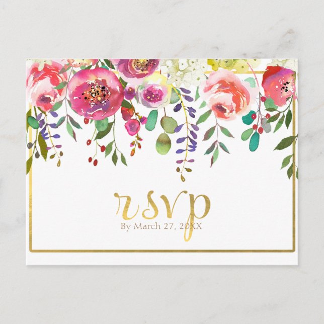 Aquarellblumen Blume Moderne Goldhochzeit RSVP Einladungspostkarte (Vorderseite)