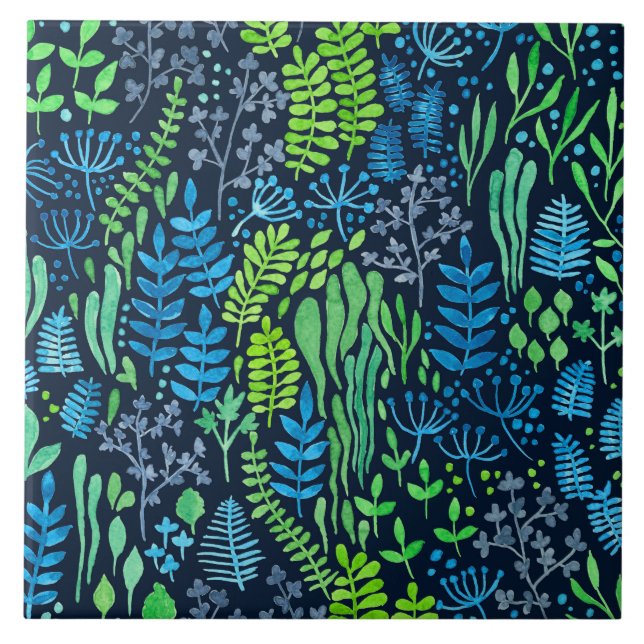 Aquarellblumen-Doodles dunkler Hintergrund Fliese (Vorderseite)