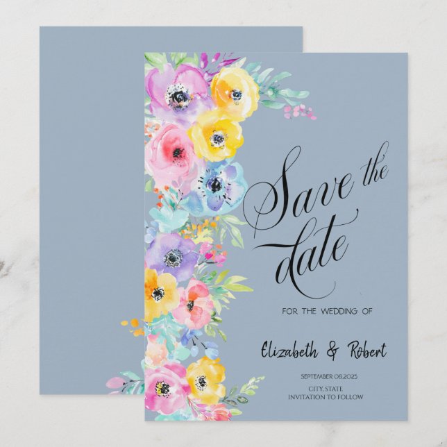 Aquarellblumen Dusty Blue Save the Date (Vorne/Hinten)