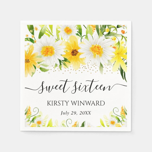 Aquarellblumen & Gelbe Blumen 16 . Geburtstag Serviette (Vorderseite)