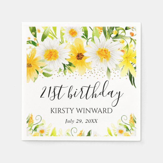 Aquarellblumen & gelbe Blumen Geburtstag Serviette (Vorderseite)