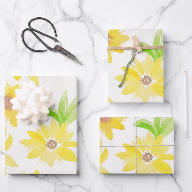Aquarellblumen Gelbes Muster Geschenkpapier Set (Vorderseite)