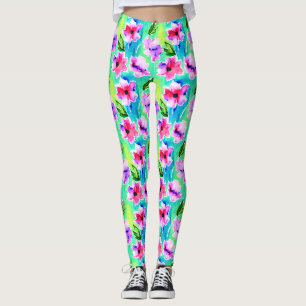 Aquarellblumen Grün, Rosa und Blau Leggings