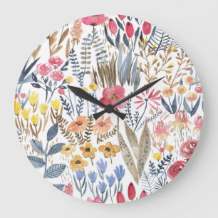 Aquarellblumen, lebendiges, nahtloses Patter Große Wanduhr