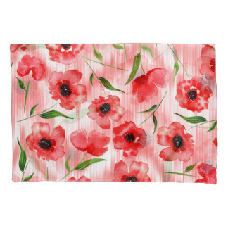 Aquarellblumen: Mohn-Pfingstrose-Ikat. Kissenbezug