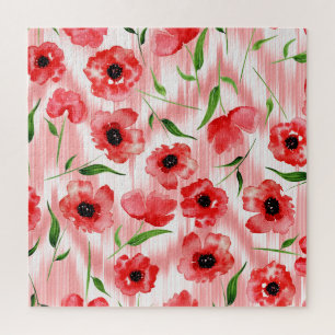 Aquarellblumen: Mohn-Pfingstrose-Ikat. Puzzle