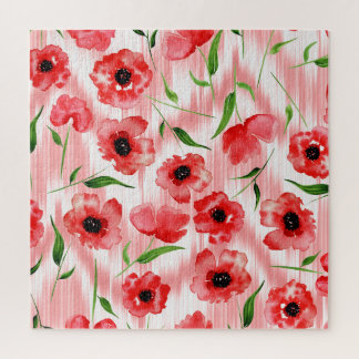 Aquarellblumen: Mohn-Pfingstrose-Ikat. Puzzle