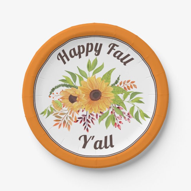 Aquarellblumen Orange Happy fall Y'all Pappteller (Vorderseite)