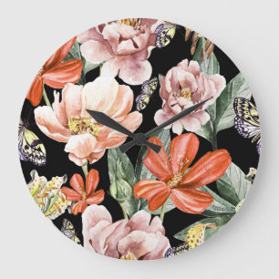 Aquarellblumen: Pfingstrose Rosenlilie Große Wanduhr