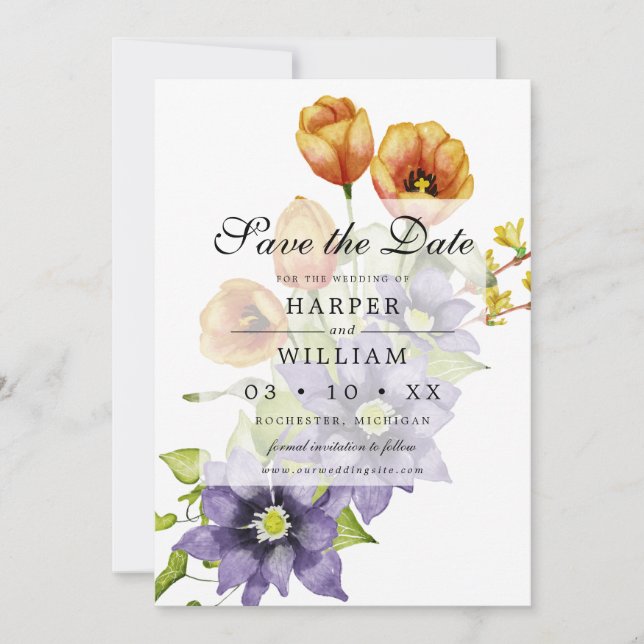 Aquarellblumen Save the Date Karte (Vorderseite)