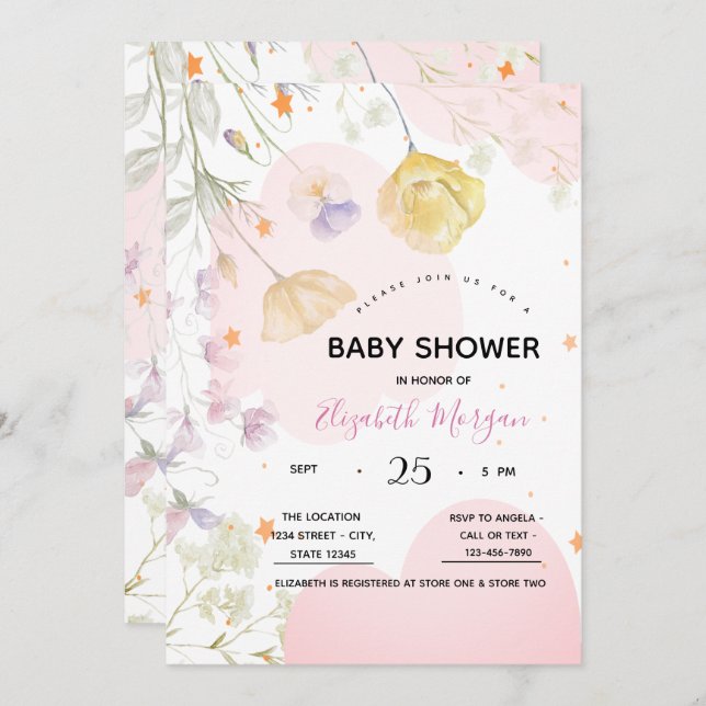 Aquarellblumen, Sterne, Wolken Einladung (Vorne/Hinten)