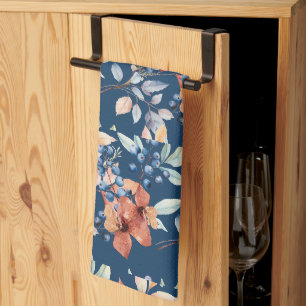 Aquarellblumen und Beeren auf Navyblau Geschirrtuch