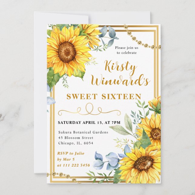 Aquarellblumen und Goldrahmen Sweet 16 Einladung (Vorderseite)