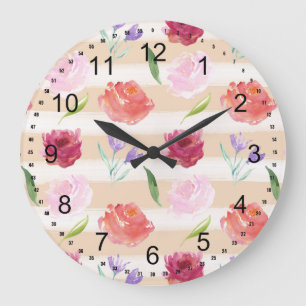 Aquarellblumen und Streifen Große Wanduhr