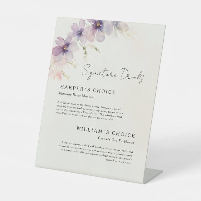 Aquarellblumen-Unterschrift Getränke Hochzeitsmenü Sockelschild (Vorderseite)
