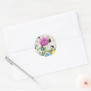 Aquarellblumen, Wildblumen, Vintage-Zeitung Runder Aufkleber