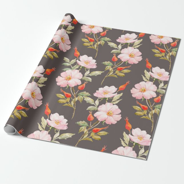 Aquarellblumenmuster von Hunden und Rose und Roter Geschenkpapier (Ungerollt)