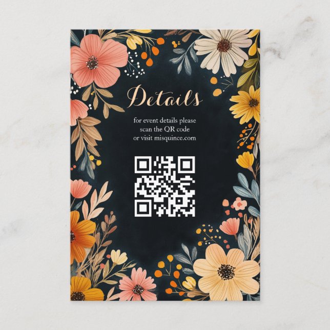 Aquarellblüte in dunklem Quinceñera CUSTOM QR Begleitkarte (Vorderseite)