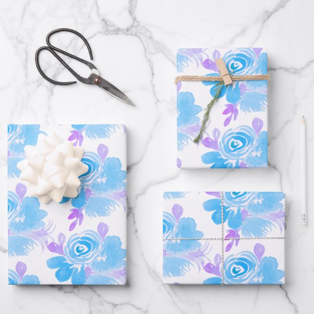 Aquarellblüte, Lila blaue, helle Hand gestrichen Geschenkpapier Set (Vorderseite)