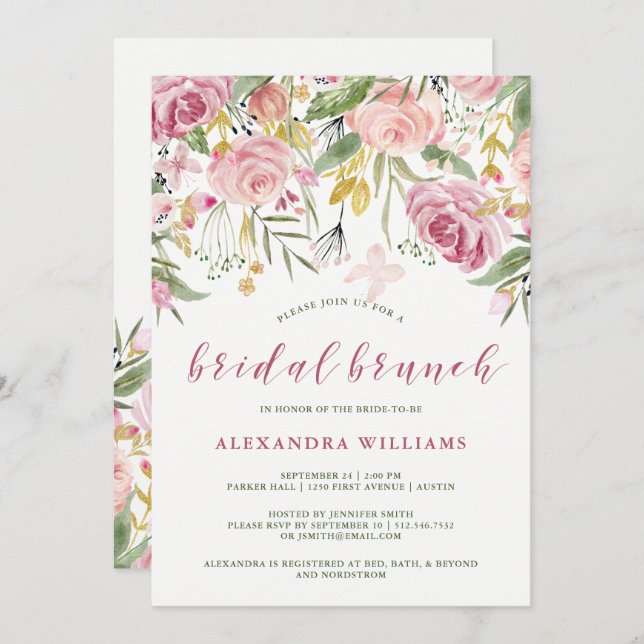 Aquarellblüte rosa | Gold Floral Bridal Brunch Einladung (Vorne/Hinten)