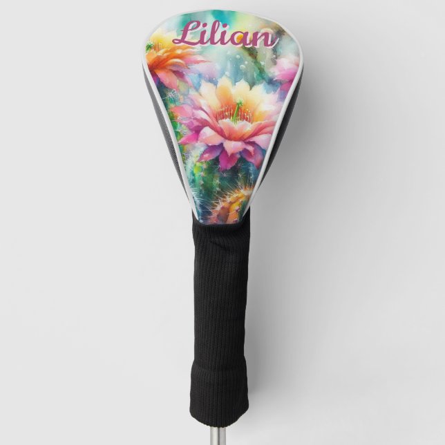 Aquarellblüte Sukkulente Kakteen Personalisiert Golf Headcover (Vorderseite)