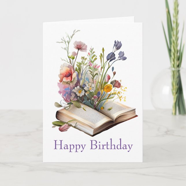 Aquarellblüte und Bücher zum Geburtstag Karte (Vorderseite)