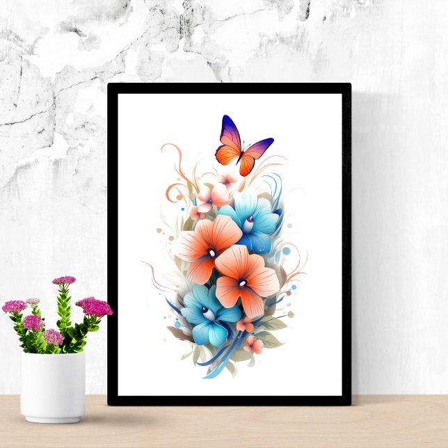Aquarellblüten Blume Butterfisch Blauer Orange Poster (Blue orange floral butterfly watercolor poster print. Printed or Instant digital download)