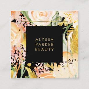 Aquarellblüten Gold und Peach Floral auf Schwarz Quadratische Visitenkarte