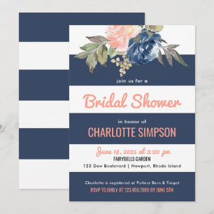Aquarellblüten Navy Blue Stripes Brautparty Einladung