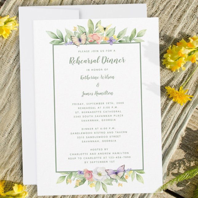 Aquarellblüten Probe Abendessen Einladung (Watercolor Floral Butterflies Rehearsal Dinner Invitation)