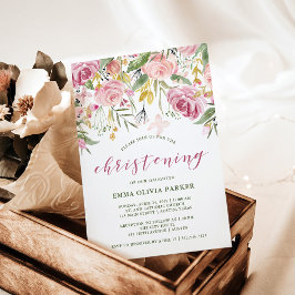 Aquarellblüten Rosa und Goldflorale Christening Einladung