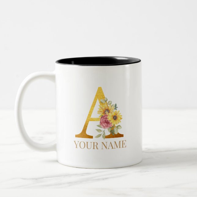 Aquarellblüten und Goldbuchstaben Ein Monogramm Zw Zweifarbige Tasse (Links)