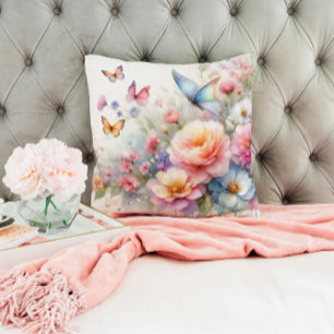 Aquarellblüten und Schmetterlingstanz Kissen