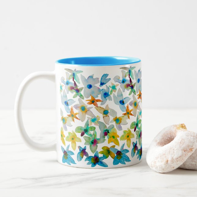Aquarellblüten Zweifarbige Tasse (Mit Donut)