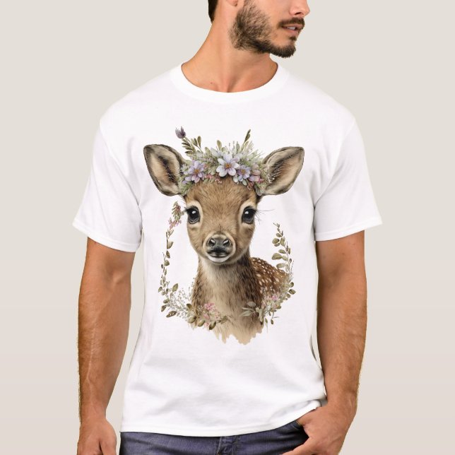 Aquarellblütenbaby Hirsche Niedlich T-Shirt (Vorderseite)