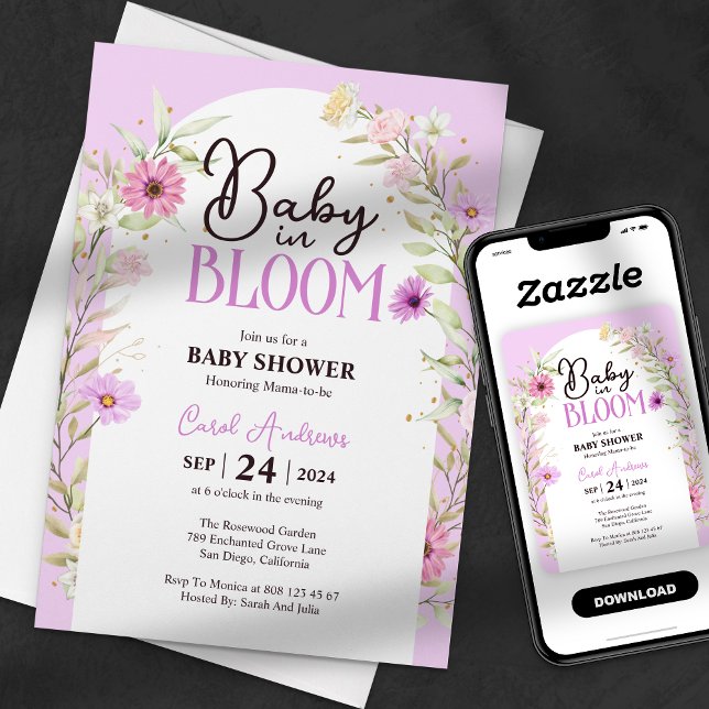 Aquarellblütenbaby in Bloom Lila Baby Dusche Einladung (Von Creator hochgeladen)