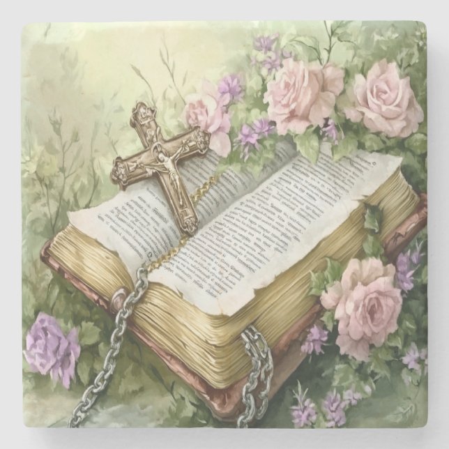Aquarellblütenbibel und Kreuz Steinuntersetzer (Vorderseite)