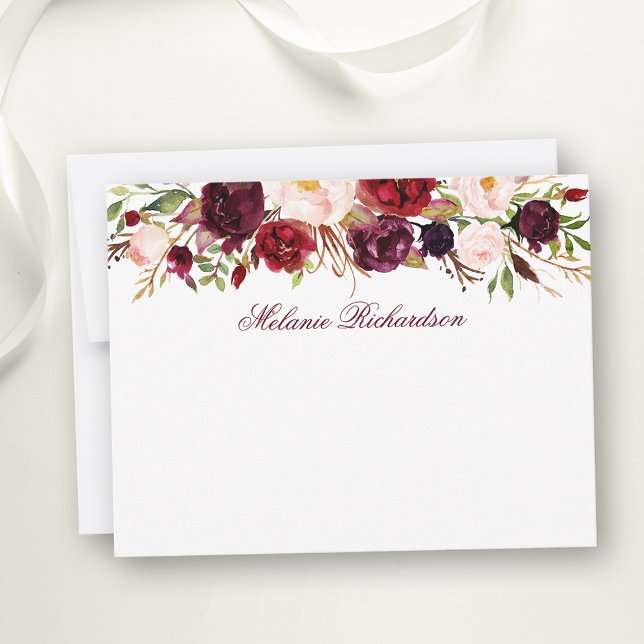 Aquarellblütenburgund Personalisiert Mitteilungskarte (Customize to change text size, color, style or to add more text to front or back of card.)