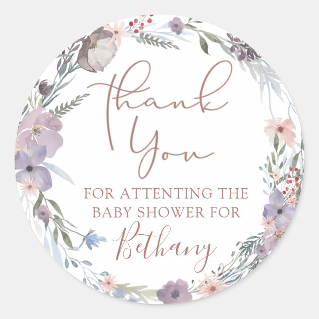Aquarellblütendusche Lila Babydusche Danke Runder Aufkleber (Vorderseite)