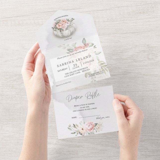 Aquarellblütendusche Weiße Pumpkindusche All In One Einladung (Abreißen)