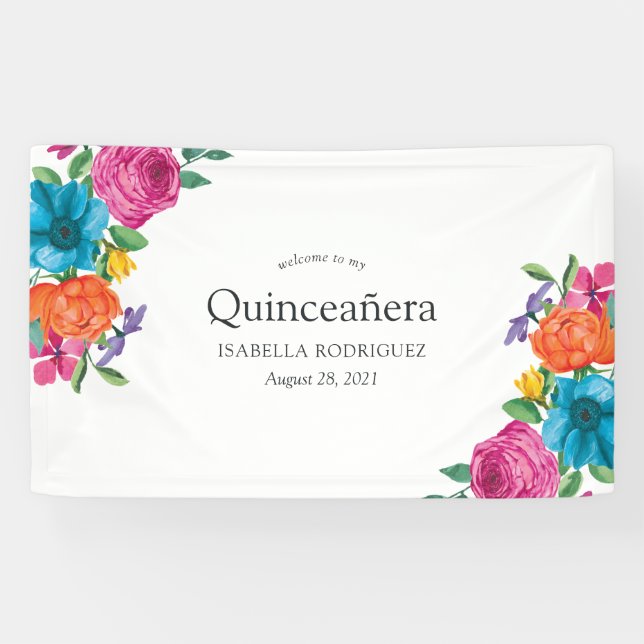 Aquarellblütenfiesta Quinceñera Banner (Horizontal)