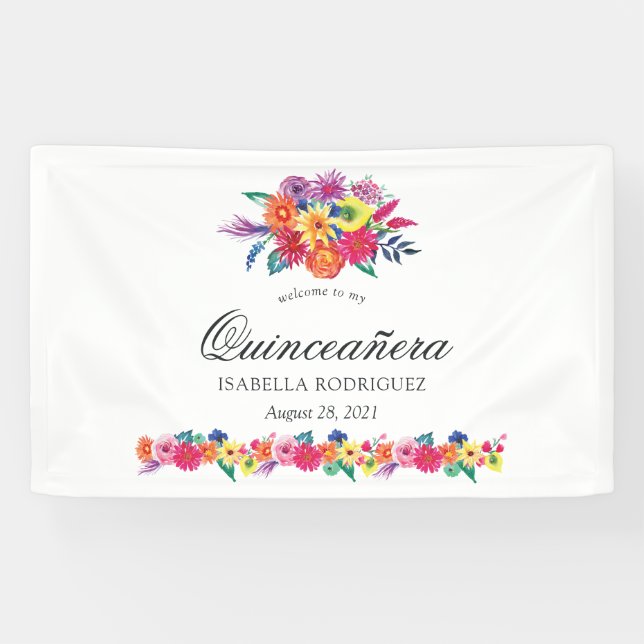 Aquarellblütenfiesta Quinceñera Banner (Horizontal)